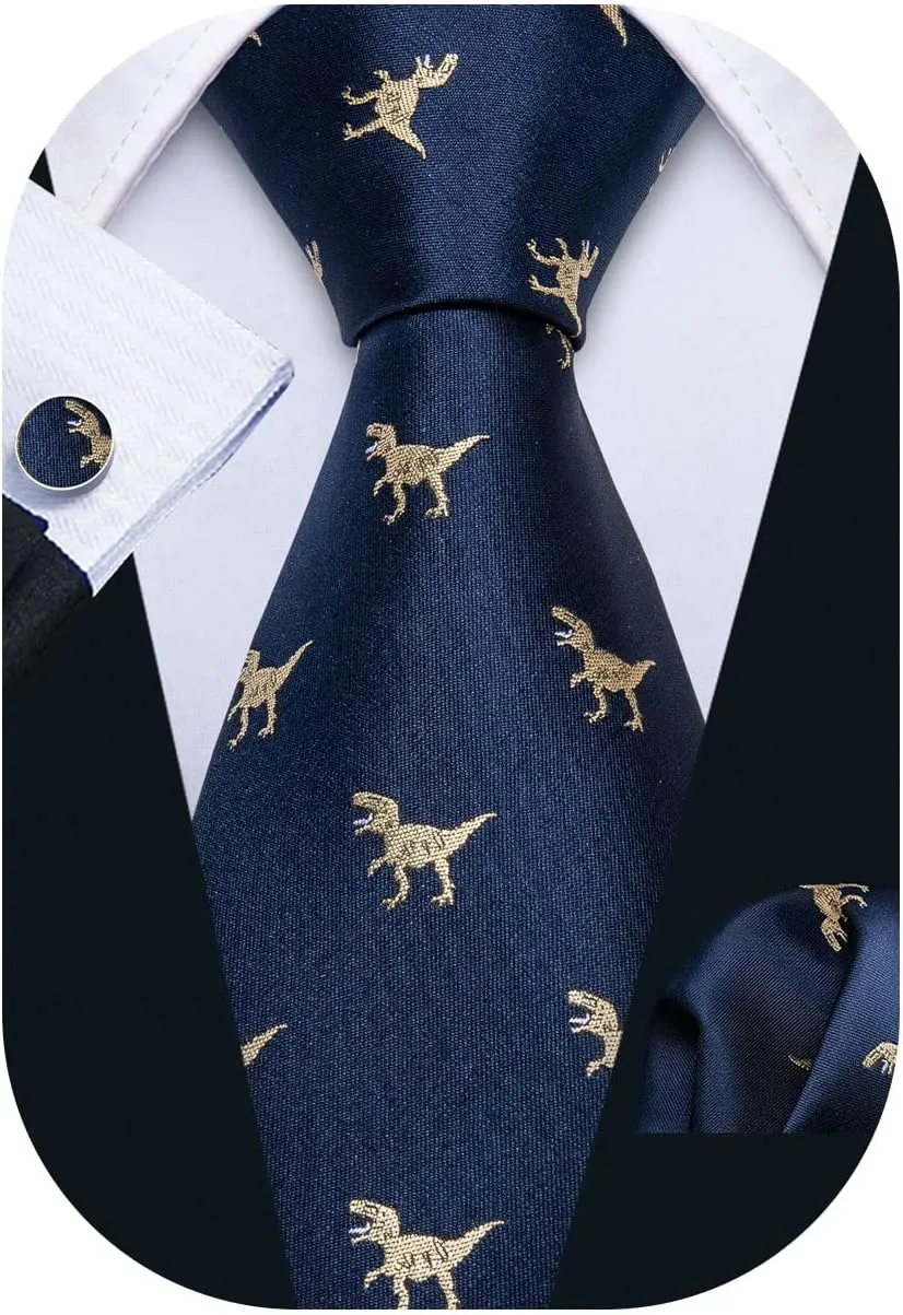 Barry.Wang Fun Animal Ties for Men Designer Handkerchief Cufflink WOVEN Casual Necktie Set Festival