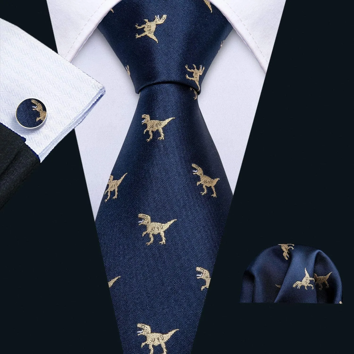 Barry.Wang Fun Animal Ties for Men Designer Handkerchief Cufflink WOVEN Casual Necktie Set Festival