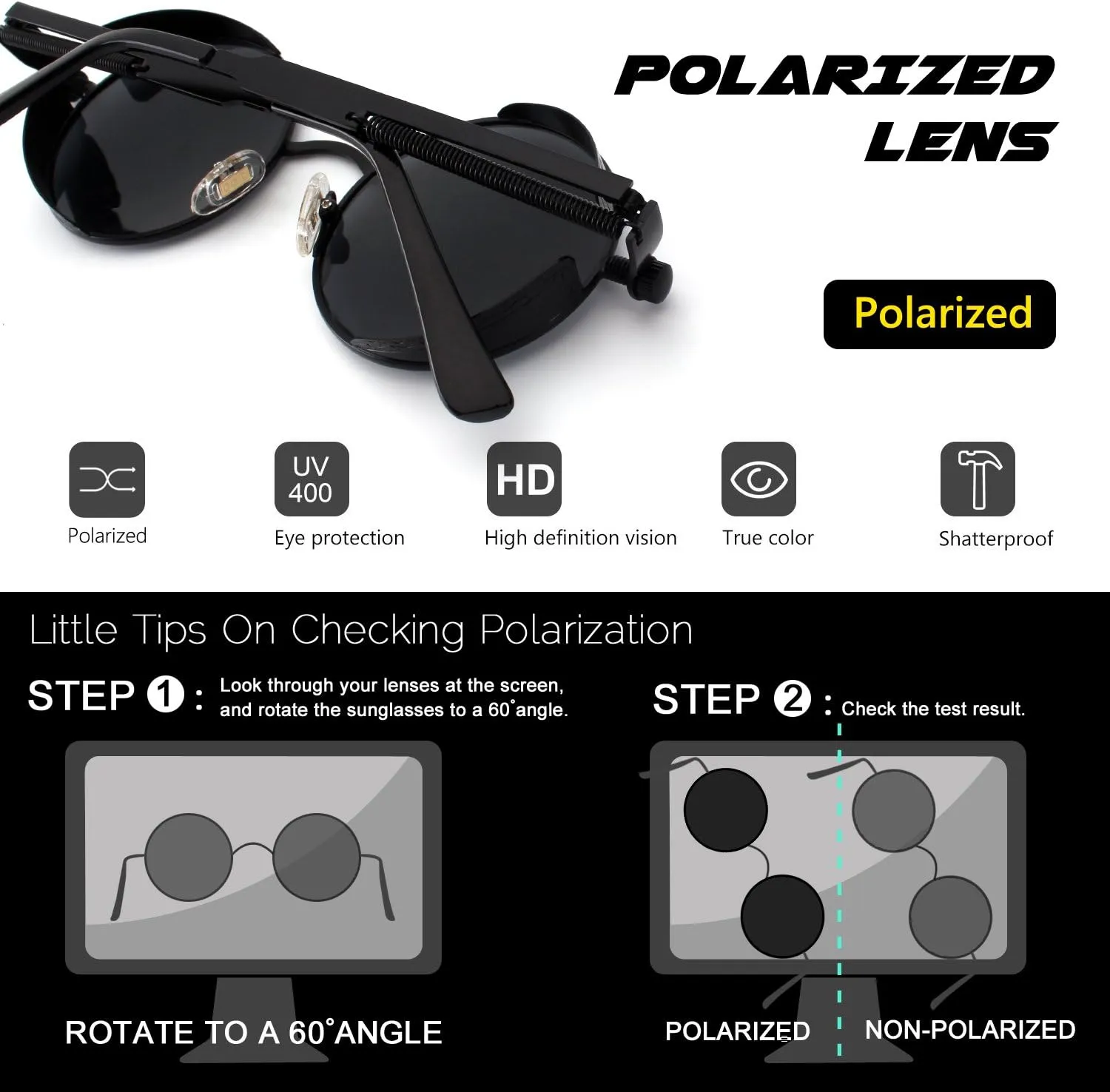 CGID Retro Steampunk Round Polarized Sunglasses Men Womens Metal Circle Frame UV400 Protection E72