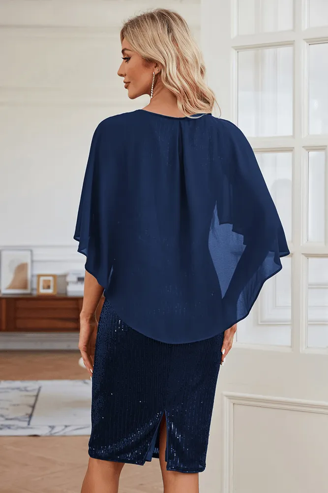 HN Chiffon Overlay Decorated Party Crew Neck Back Slit Bodycon Dress