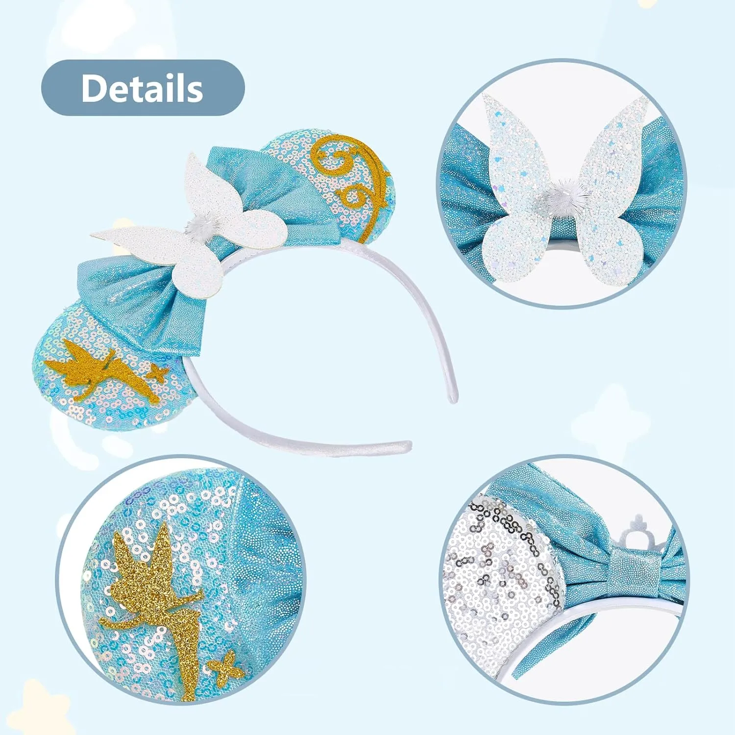 LYLIN Mouse Ears Headband, Princess Mouse Ears with Sparkly Bow for Women Girls, Blue Mouse Ears Hair Accessories for Birthday Parties Cosplay Accessories Party Decorations (Butterfly)