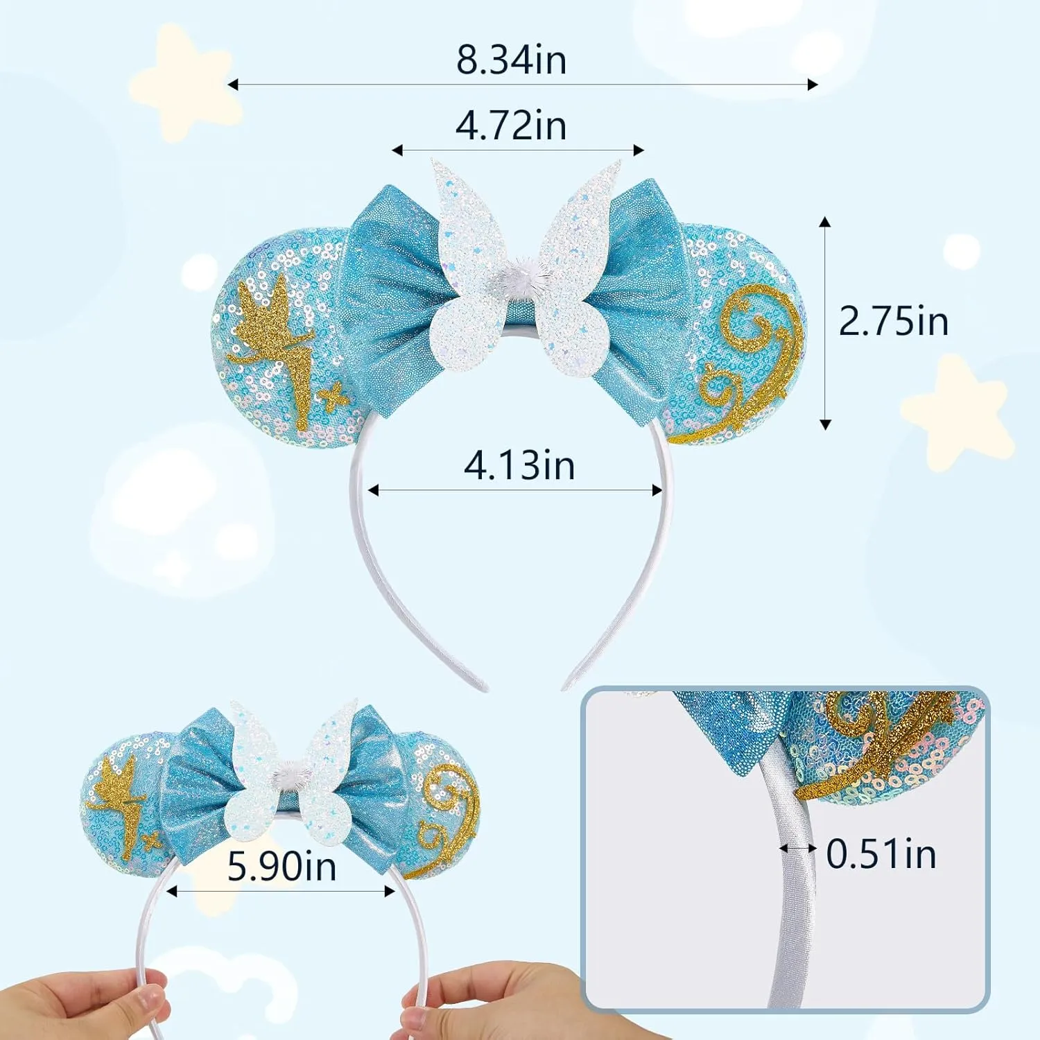 LYLIN Mouse Ears Headband, Princess Mouse Ears with Sparkly Bow for Women Girls, Blue Mouse Ears Hair Accessories for Birthday Parties Cosplay Accessories Party Decorations (Butterfly)