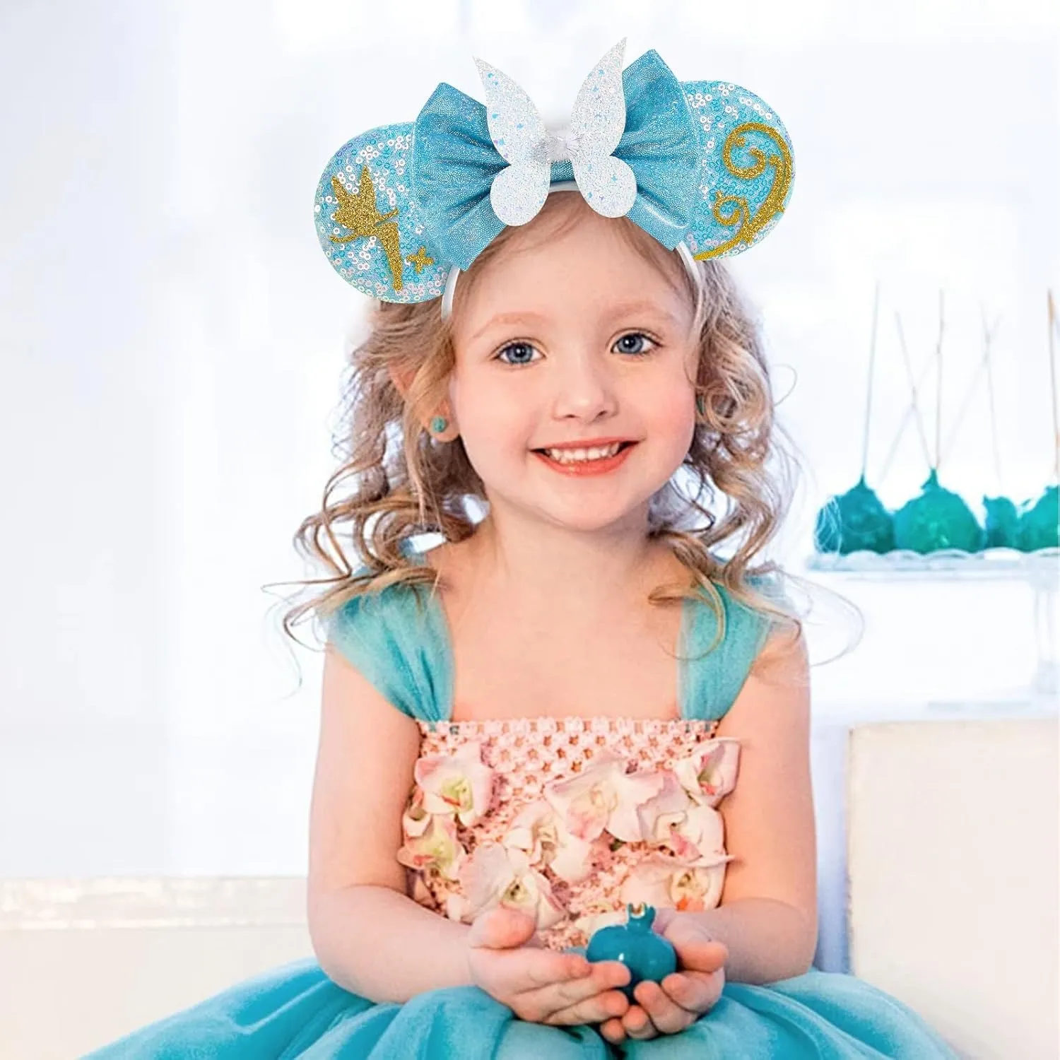 LYLIN Mouse Ears Headband, Princess Mouse Ears with Sparkly Bow for Women Girls, Blue Mouse Ears Hair Accessories for Birthday Parties Cosplay Accessories Party Decorations (Butterfly)