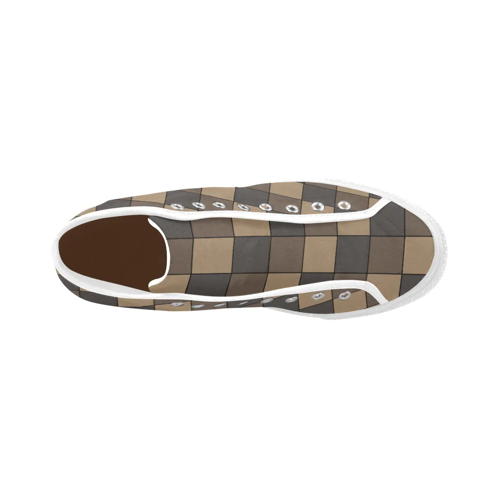 Men's Big Size Brown Monochromatic Checks Print High Top Canvas Shoes