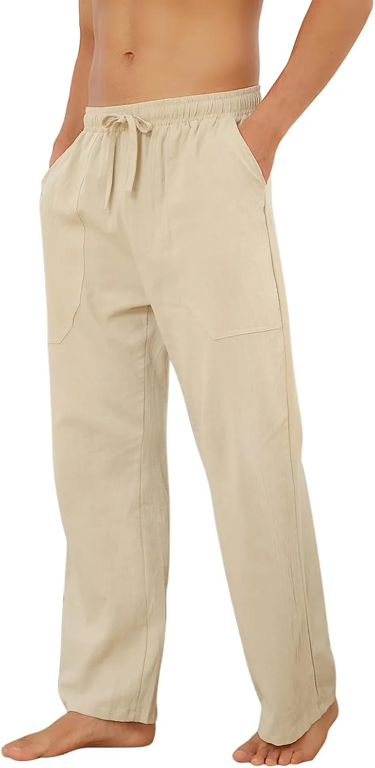 Puimentiua Cotton Linen Pants Men Casual Loose Fit Elastic Drawstring Waist Summer Beach Pants