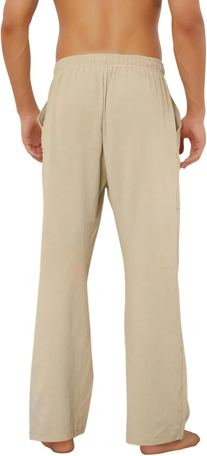 Puimentiua Cotton Linen Pants Men Casual Loose Fit Elastic Drawstring Waist Summer Beach Pants