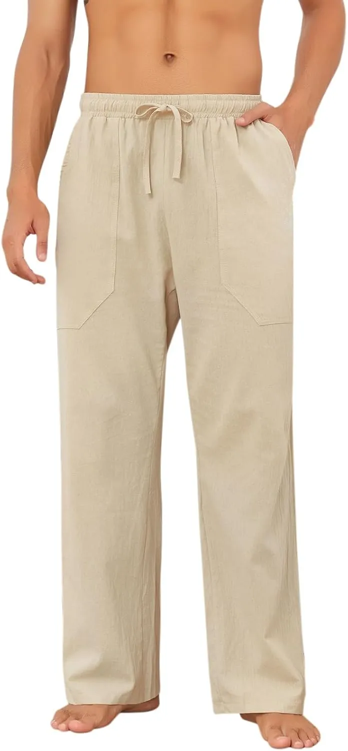 Puimentiua Cotton Linen Pants Men Casual Loose Fit Elastic Drawstring Waist Summer Beach Pants