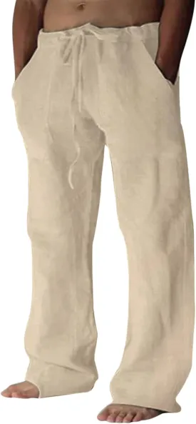 Puimentiua Cotton Linen Pants Men Casual Loose Fit Elastic Drawstring Waist Summer Beach Pants