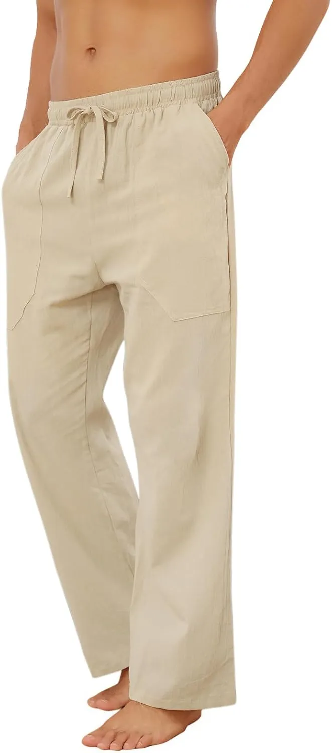 Puimentiua Cotton Linen Pants Men Casual Loose Fit Elastic Drawstring Waist Summer Beach Pants