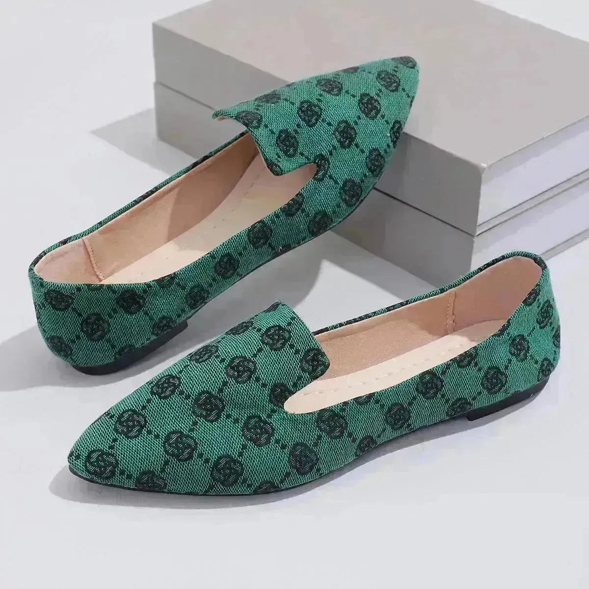 Rose Print Flats Shoes Fashion Casual Pointed Toe Canvas Loafers Lazy Shoes For Women
