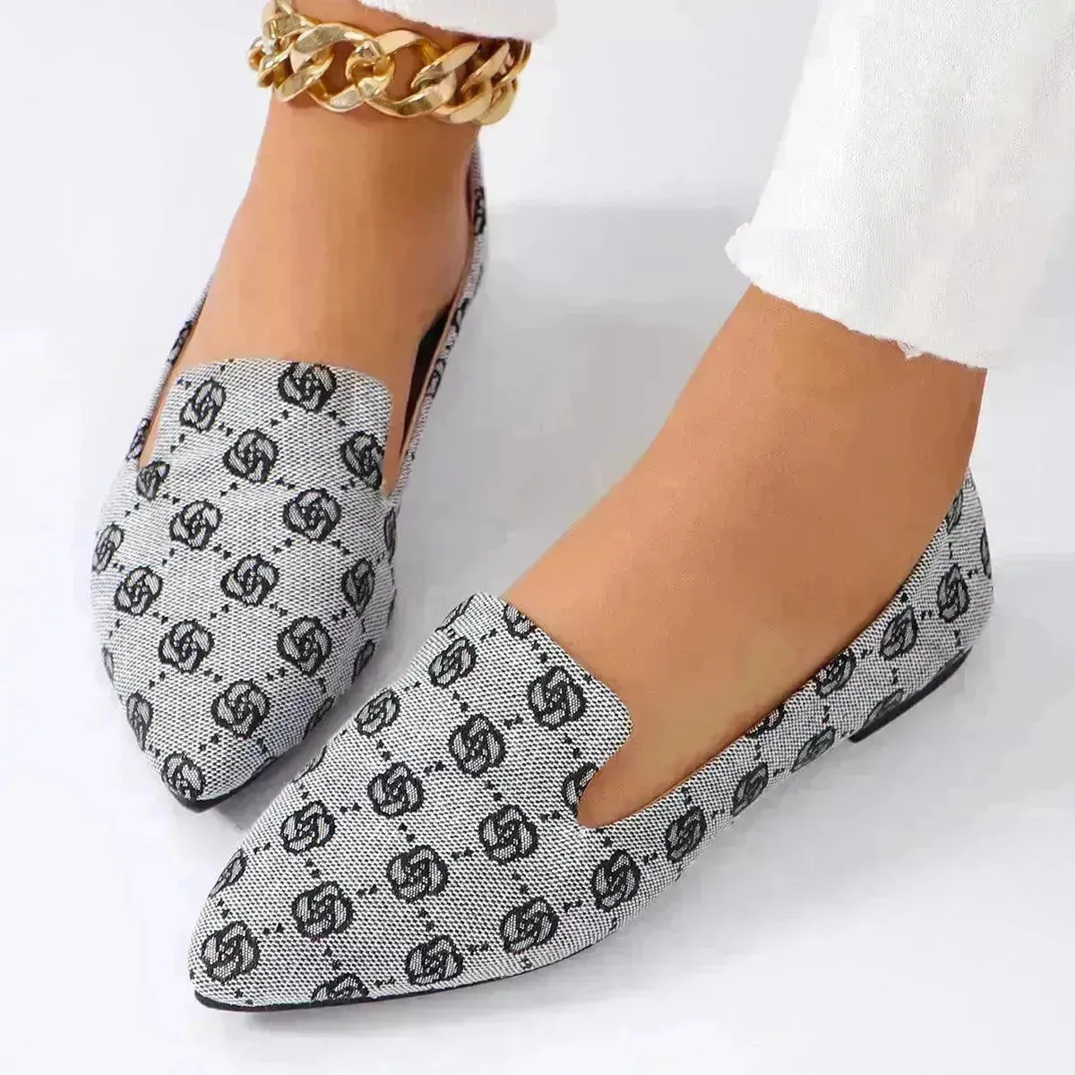 Rose Print Flats Shoes Fashion Casual Pointed Toe Canvas Loafers Lazy Shoes For Women