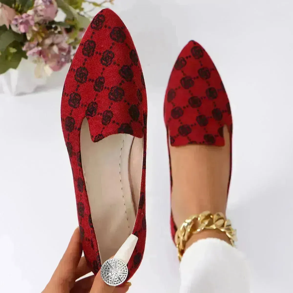 Rose Print Flats Shoes Fashion Casual Pointed Toe Canvas Loafers Lazy Shoes For Women