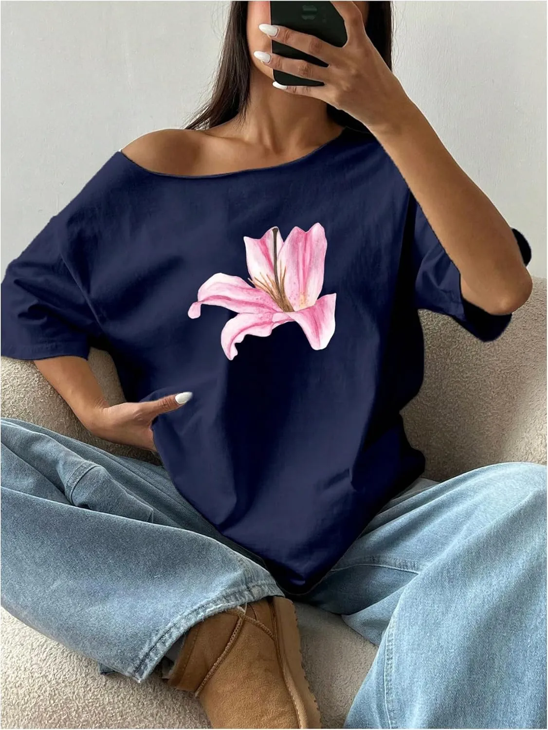 Women's Off The Shoulder Tops Floral Graphic Oversized Tshirts Shirts Y2k Summer Tops Trendy