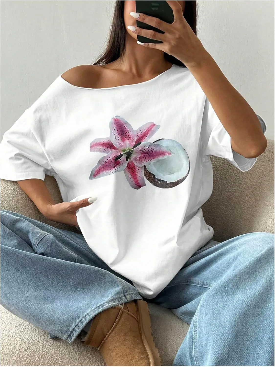 Women's Off The Shoulder Tops Floral Graphic Oversized Tshirts Shirts Y2k Summer Tops Trendy