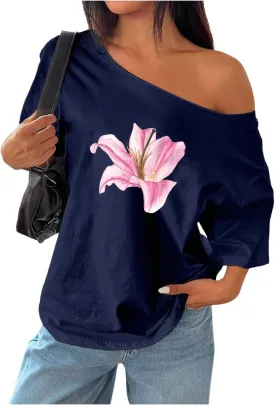 Women's Off The Shoulder Tops Floral Graphic Oversized Tshirts Shirts Y2k Summer Tops Trendy