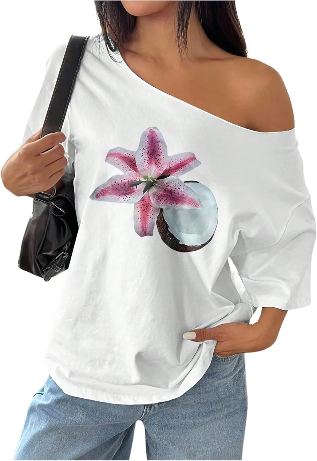 Women's Off The Shoulder Tops Floral Graphic Oversized Tshirts Shirts Y2k Summer Tops Trendy