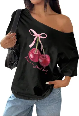 Women's Off The Shoulder Tops Floral Graphic Oversized Tshirts Shirts Y2k Summer Tops Trendy