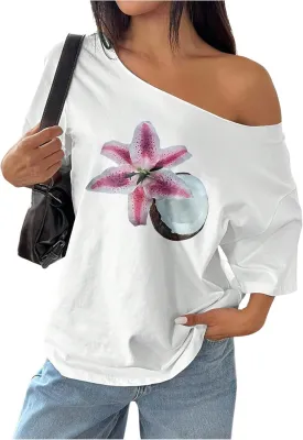 Women's Off The Shoulder Tops Floral Graphic Oversized Tshirts Shirts Y2k Summer Tops Trendy