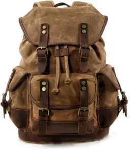 WUDON Men Travel Backpack, Genuine Leather-Waxed Canvas Shoulder Hiking Rucksack
